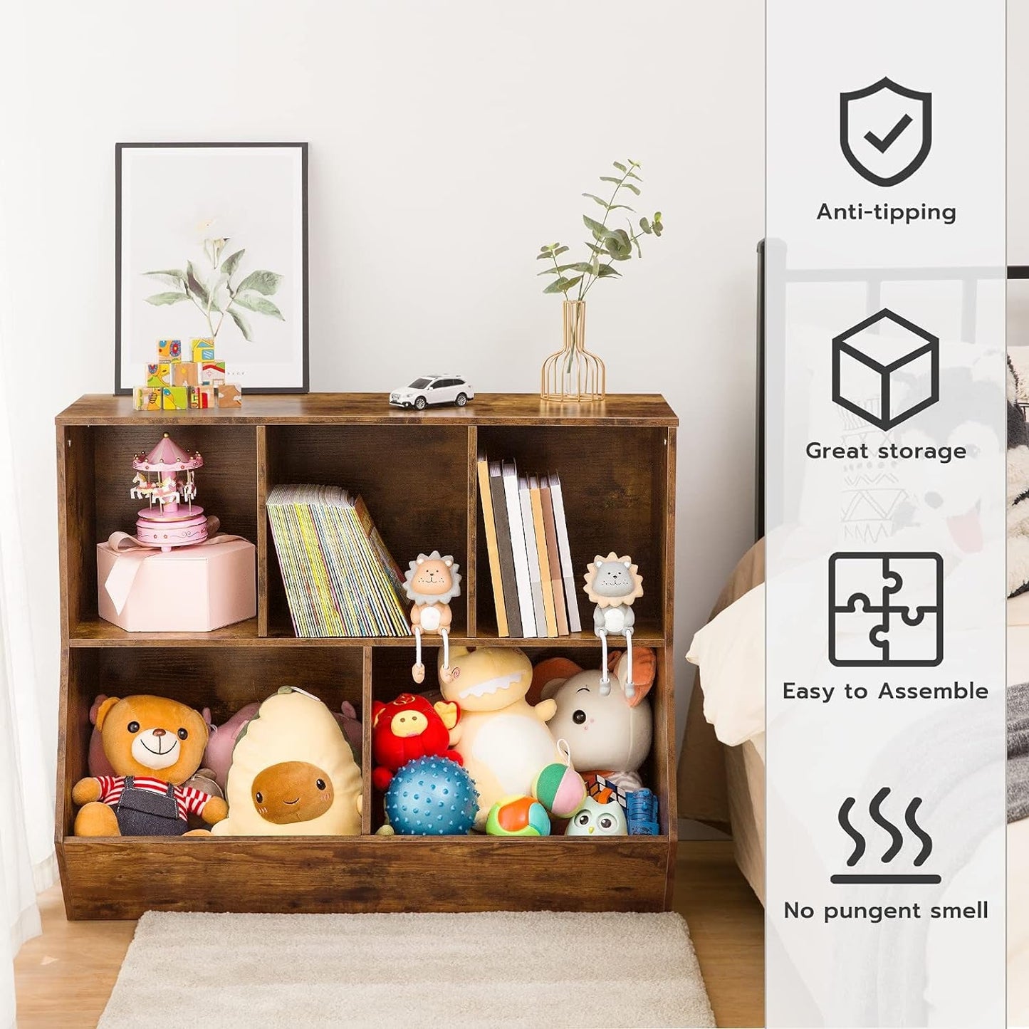 Kids Bookshelf With Toy Storage Cubby 35.4 Inch Rustic Brown