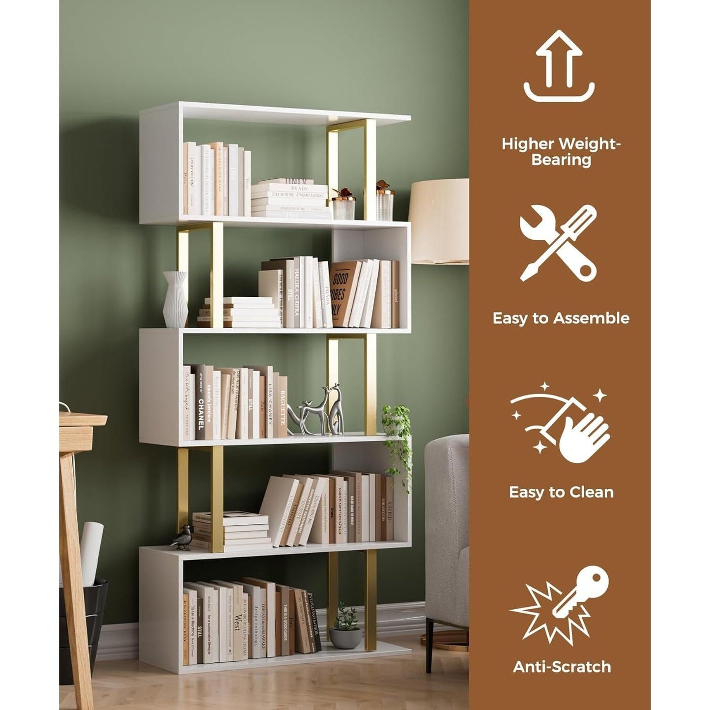 Gold 5 Tier S Shaped Wooden Bookcase For Living Room