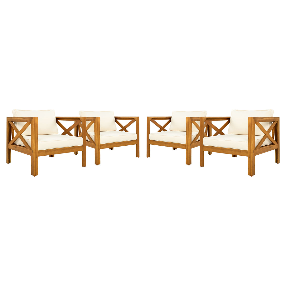 Outdoor Acacia Wood Club Wooden Armchair with Cushions (Set of 4)