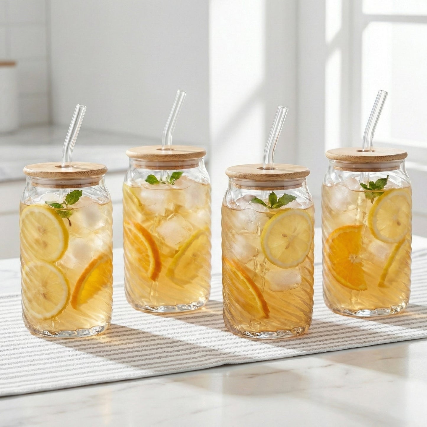 Belmar Set of 4 Glass Sippers - 18oz. with Bamboo Lid