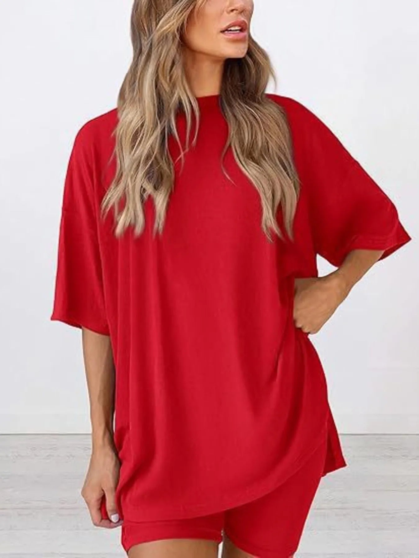 Oversized Slit Round Neck Top and Shorts Lounge Set Plus Size