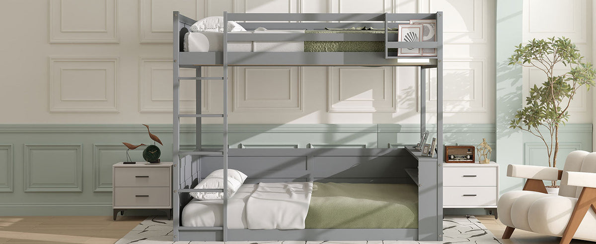 Queen Size Wooden Bunk Bed with Built-in Shelves and Storage