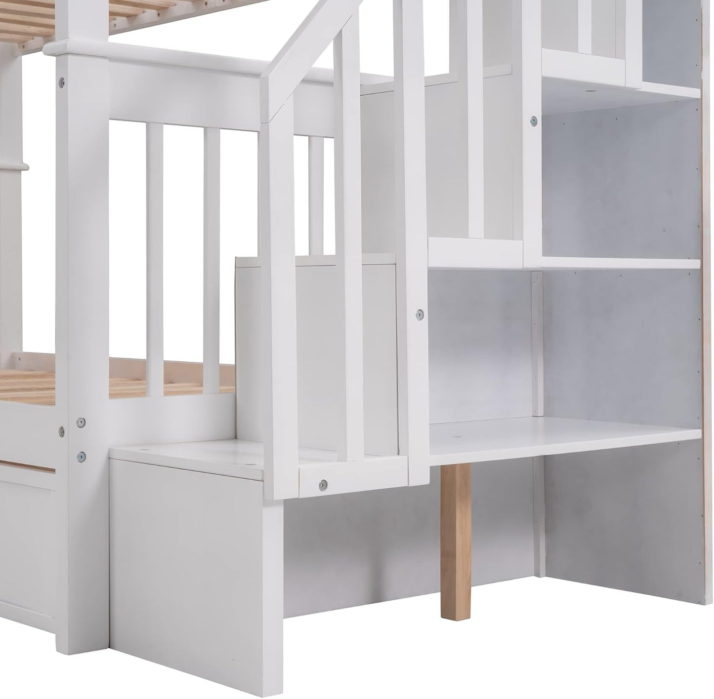 Twin Over Twin Bunk Bed With Stairs Guard Rail And Storage Drawers White