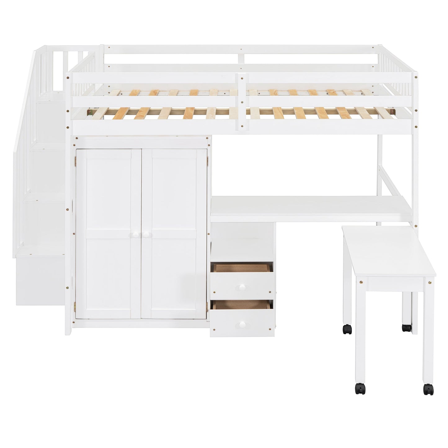 Full Size Loft Bed with Stairs, Bookshelf, Drawers, Desk & Wardrobe – Space-Saving Multifunctional Furniture for Kids & Teens-White