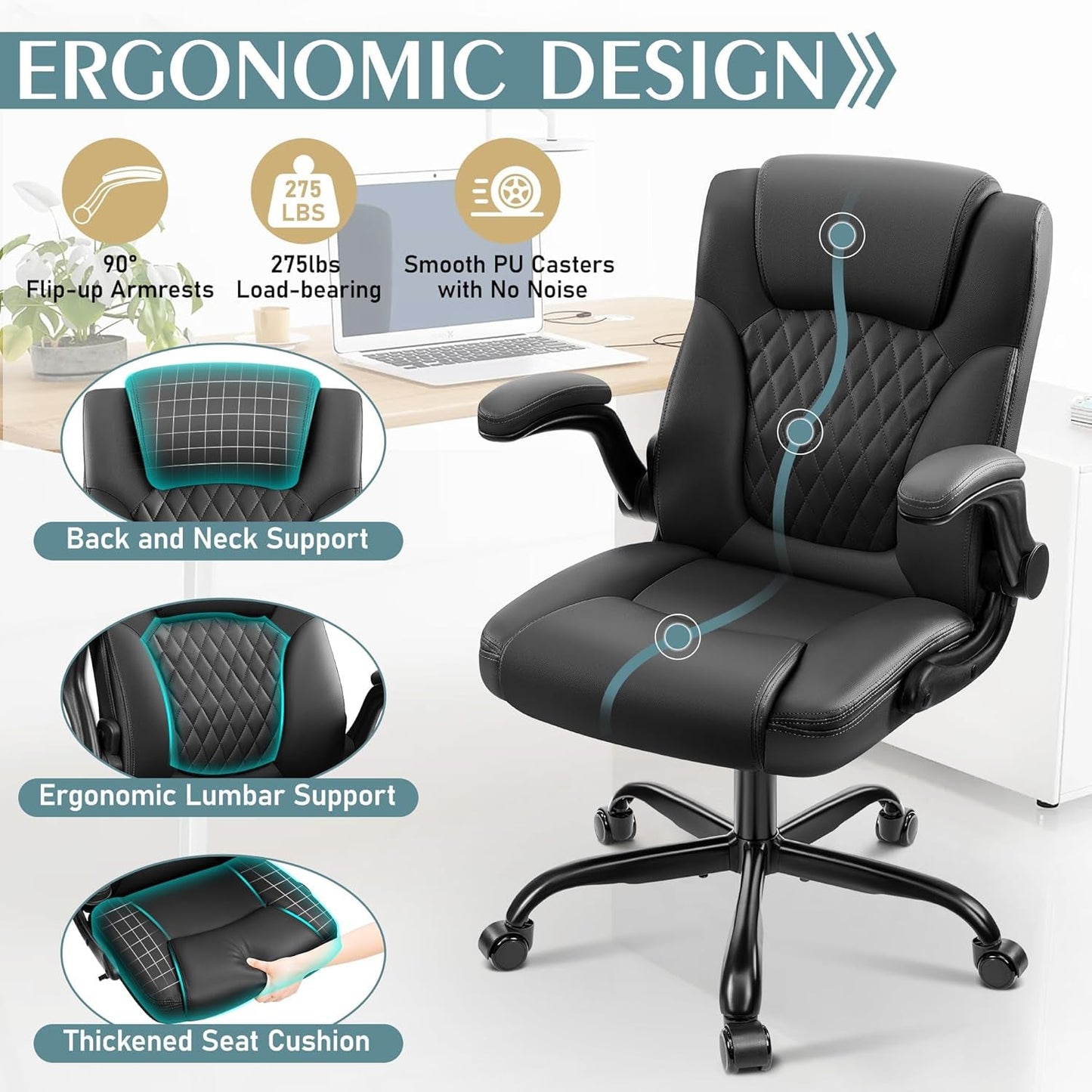Ergonomic Leather Office Chair Adjustable Armrests Black