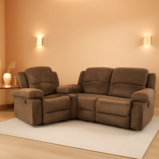 Recliner Sofa Set With Drop Down Table And Storage Console Brown Velvet