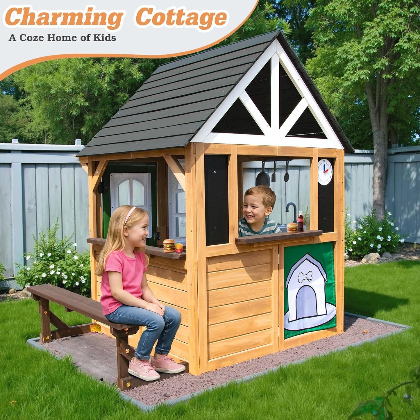 Cedar Gray Weather proof Kids Playhouse With Doorbell