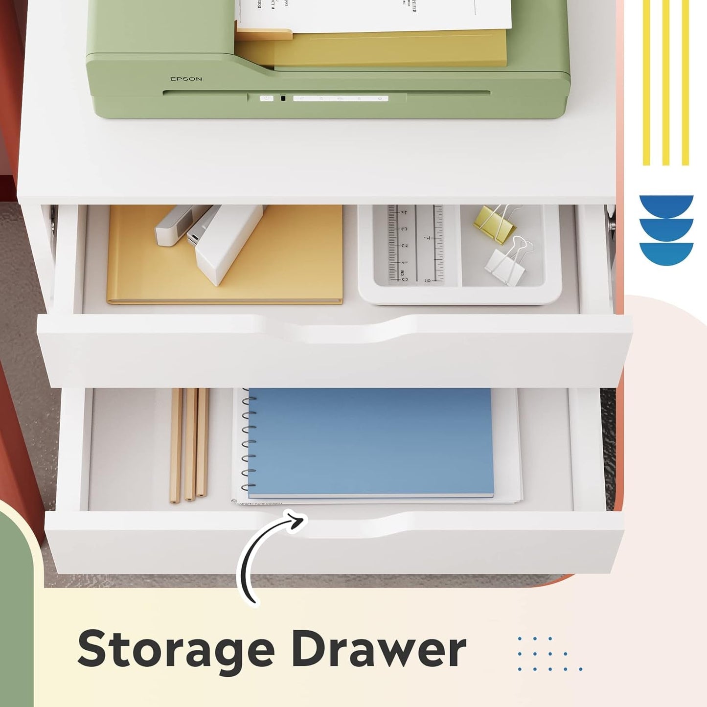 White 5 Drawer Wood File Cabinet With Wheels For Office