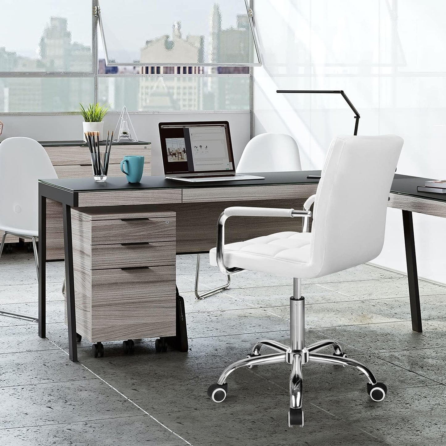 White Mid Back Office Task Chair With Adjustable Height And 360 Degree Swivel