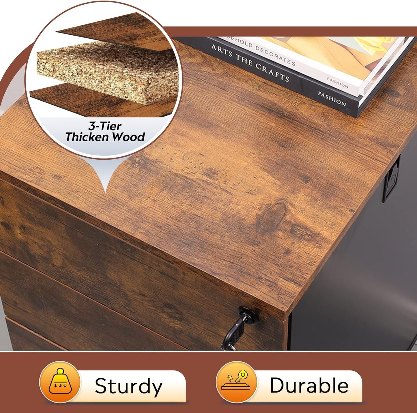 3 Drawer Rolling File Cabinet With Lock For Home Office Organization And Secure Document Storage