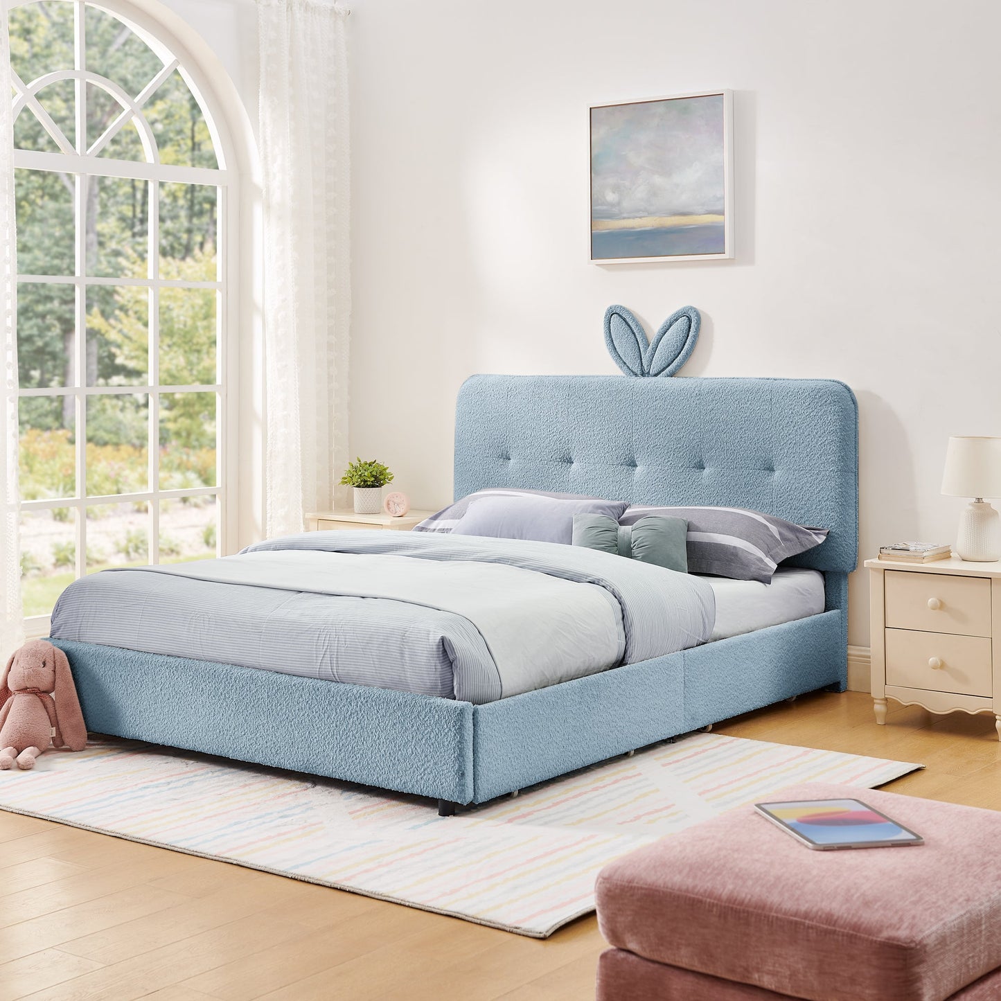 Queen Size Kids Upholstered Bed with Rabbit Ear Headboard