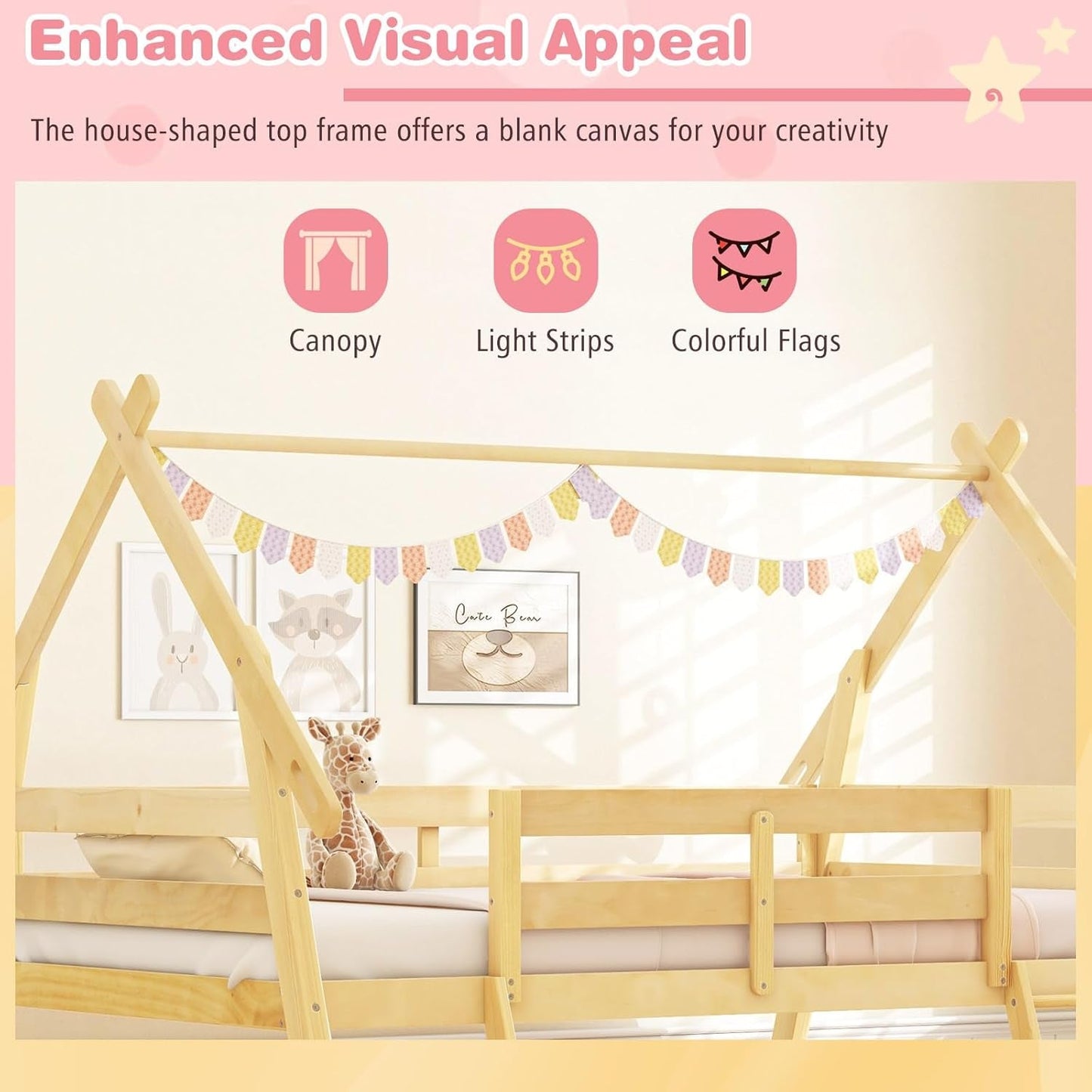 Twin Over Queen Bunk Bed With Climbing Nets Ramp Natural