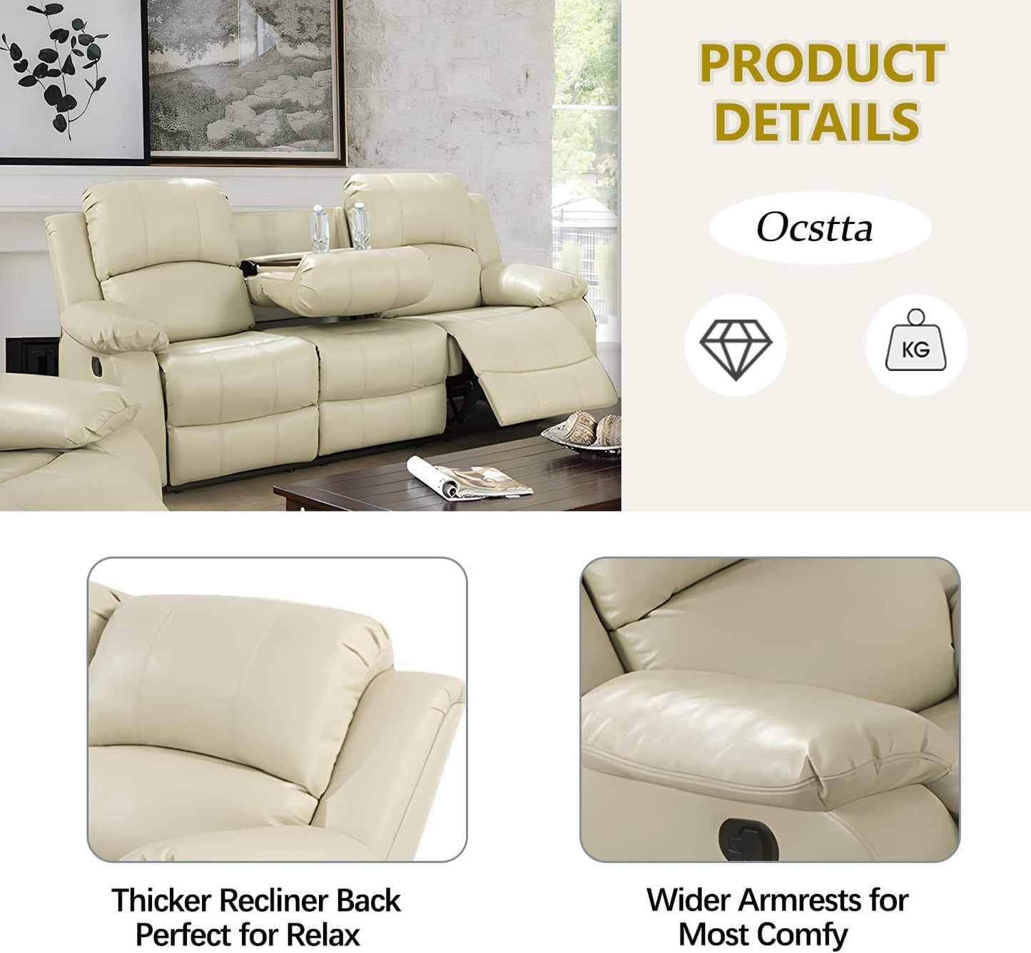 Beige Manual Leather 3 Piece Recliner Sofa Set For Living Room