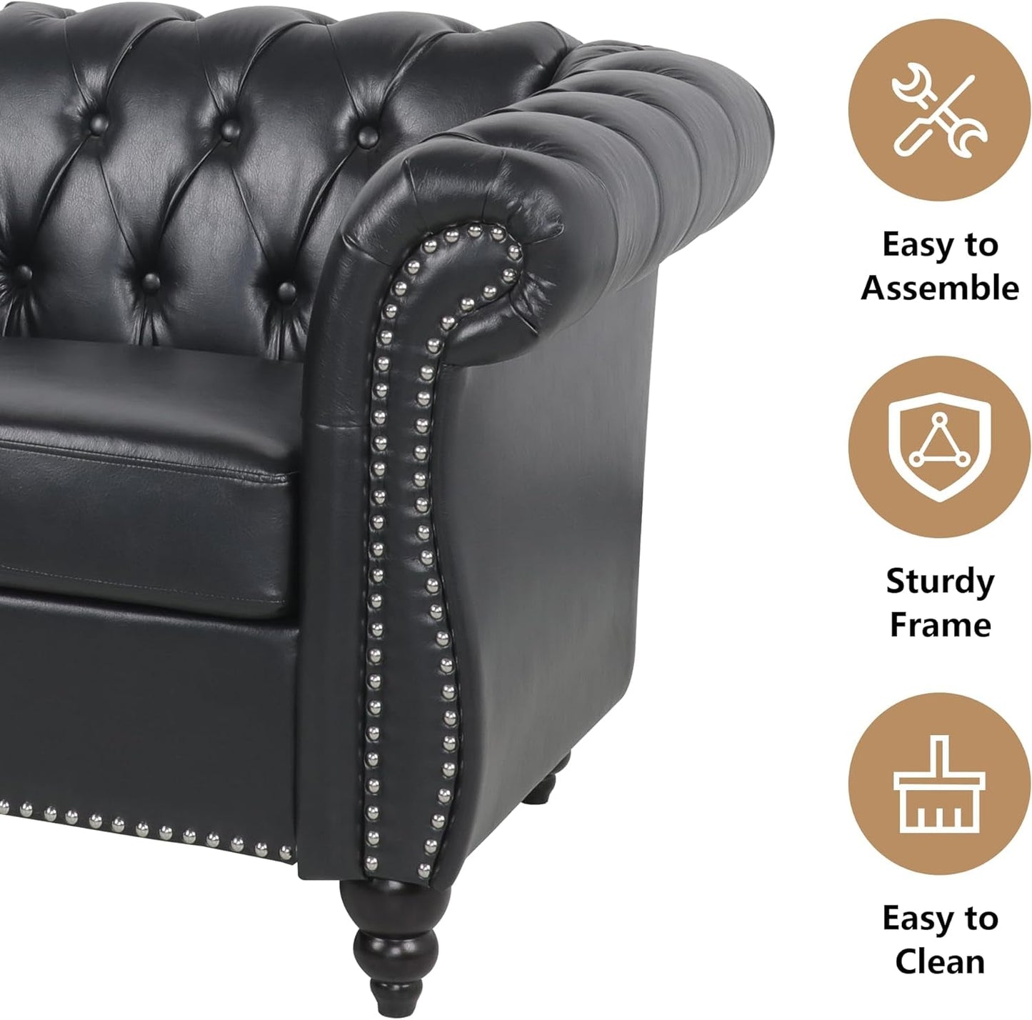3 Piece Living Room Set Sectional Chesterfield Sofa Chair Artificial Leather Black