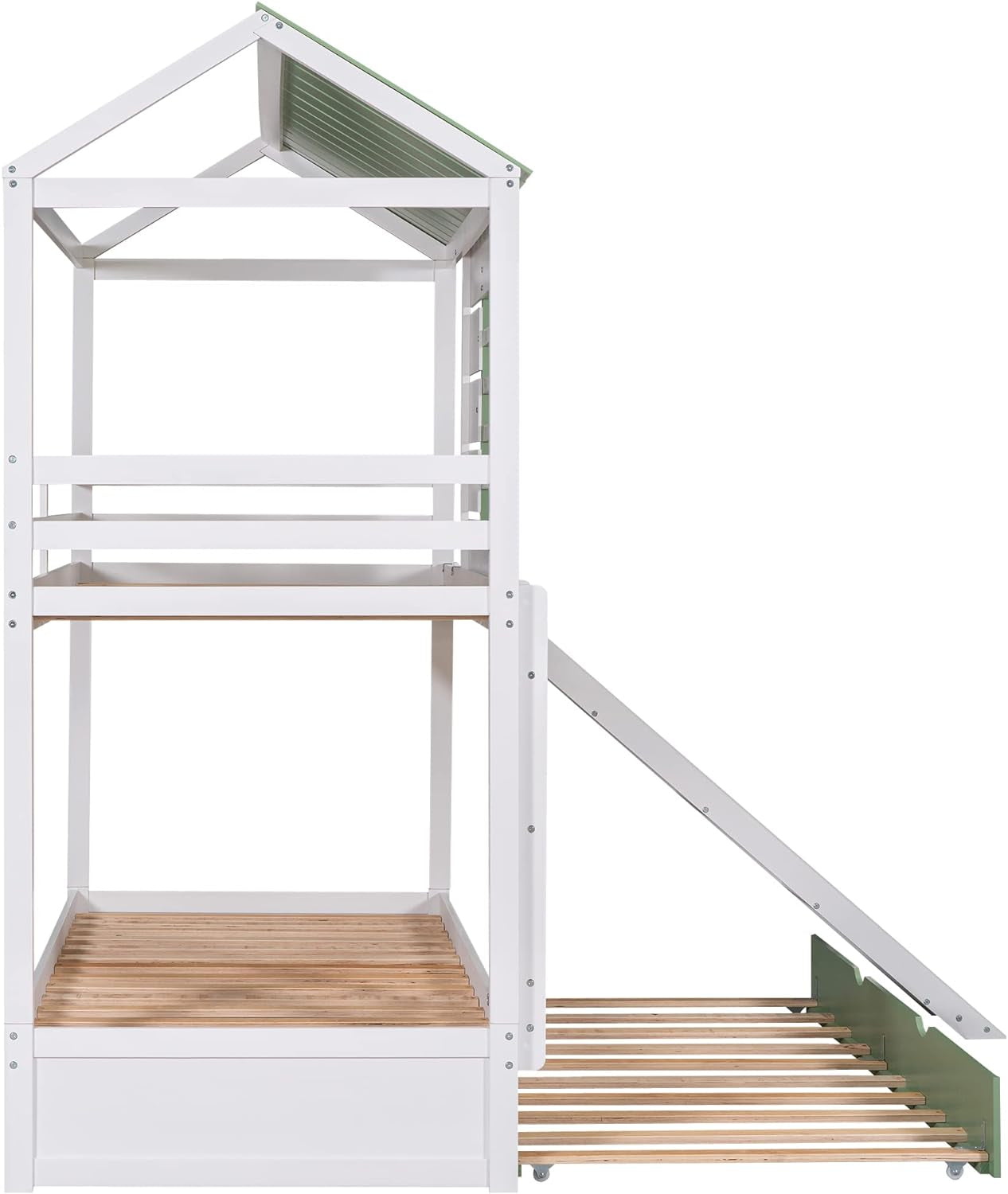 Bunk Bed Twin Over Twin With Slide And Trundle White Green
