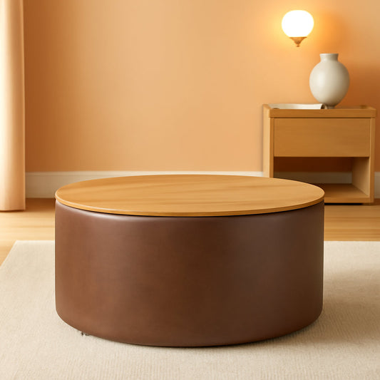 Polyester Upholstered Brown Wood Top Storage Ottoman