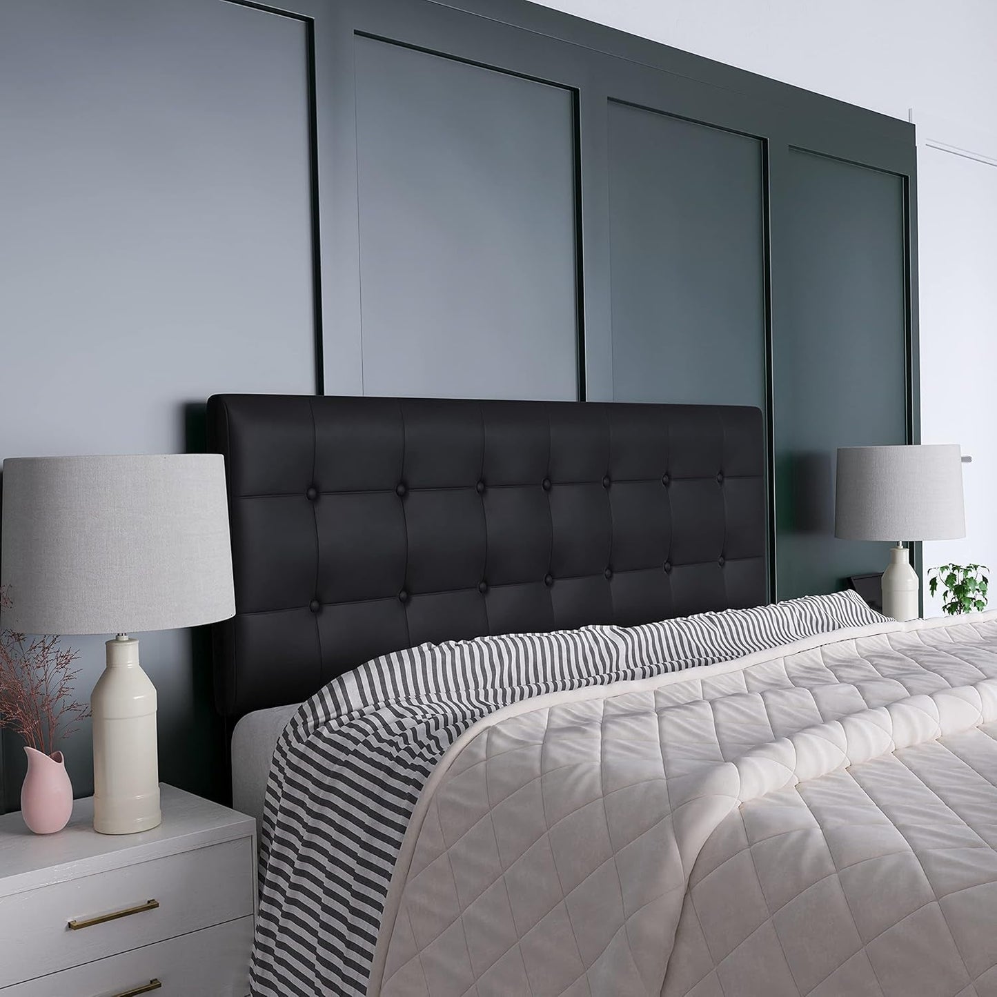 Button Tufted Black Vinyl Queen Size Headboard Upgrade
