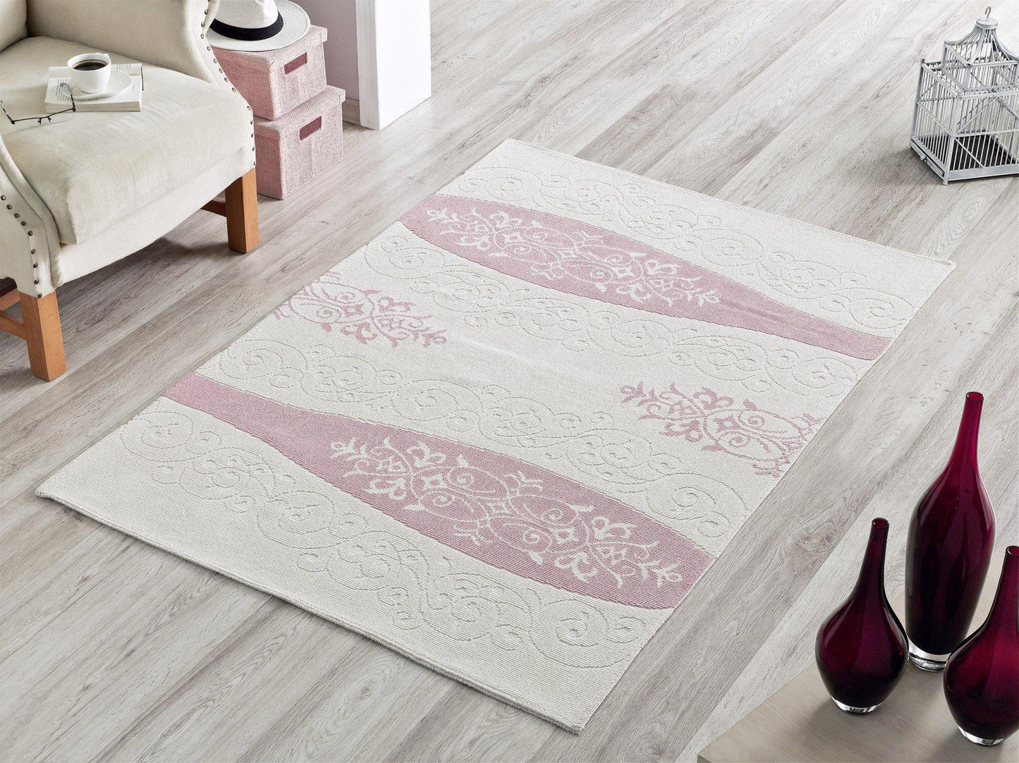 Vase 100% Cotton Washable Area Rug - Pink, White & Light Cream