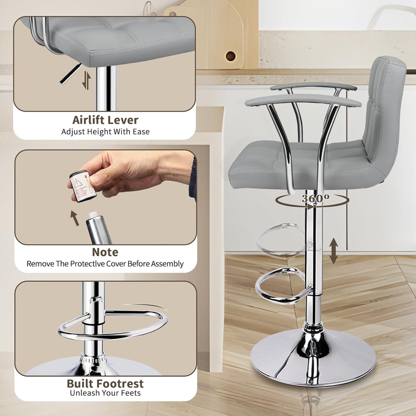 Counter Height Bar Stools Set 2 Armrest Swivel Leather Grey