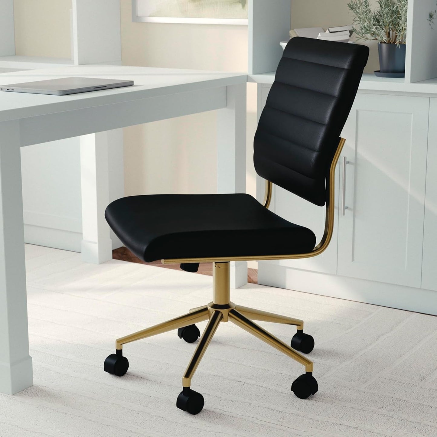 Armless Swivel Task Chair Black Faux Leather Brass Frame