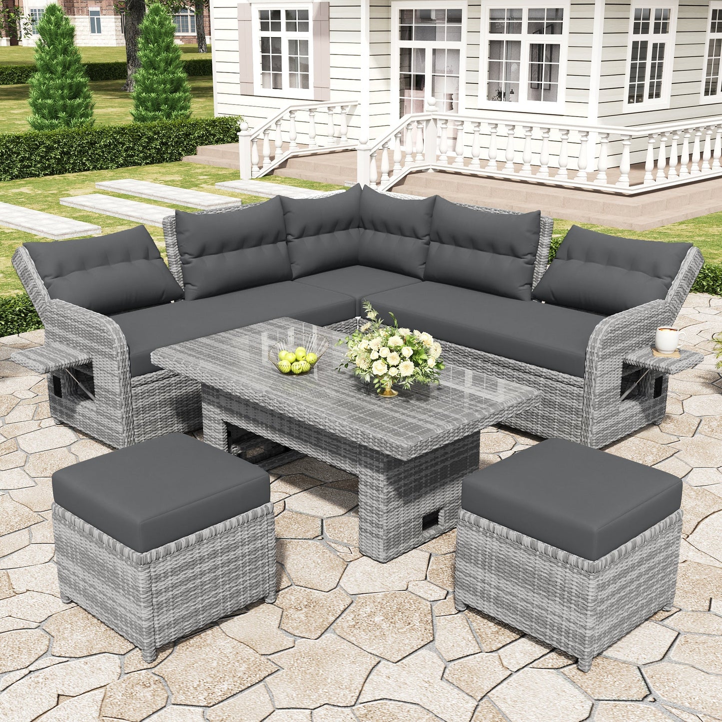Outdoor Furniture Set Patio Rattan with Recliners and Tables