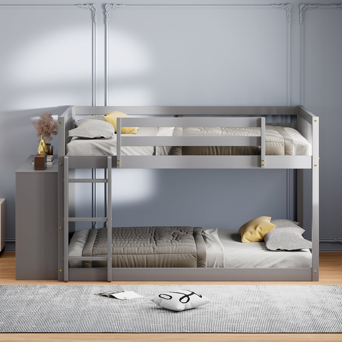 Full Over Full Bunk Bed with 4 Drawers and 3 Shelves - Gray