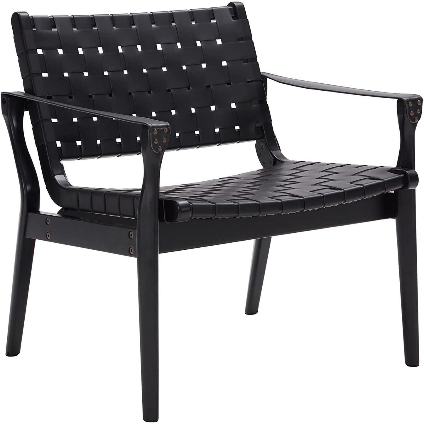 Scandinavian Woven Leather Chair With Natural Wood Frame featuring a black woven leather design and sturdy hardwood structure.