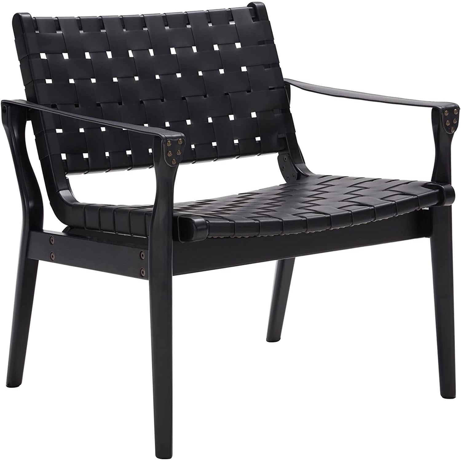 Scandinavian Woven Leather Chair With Natural Wood Frame featuring a black woven leather design and sturdy hardwood structure.