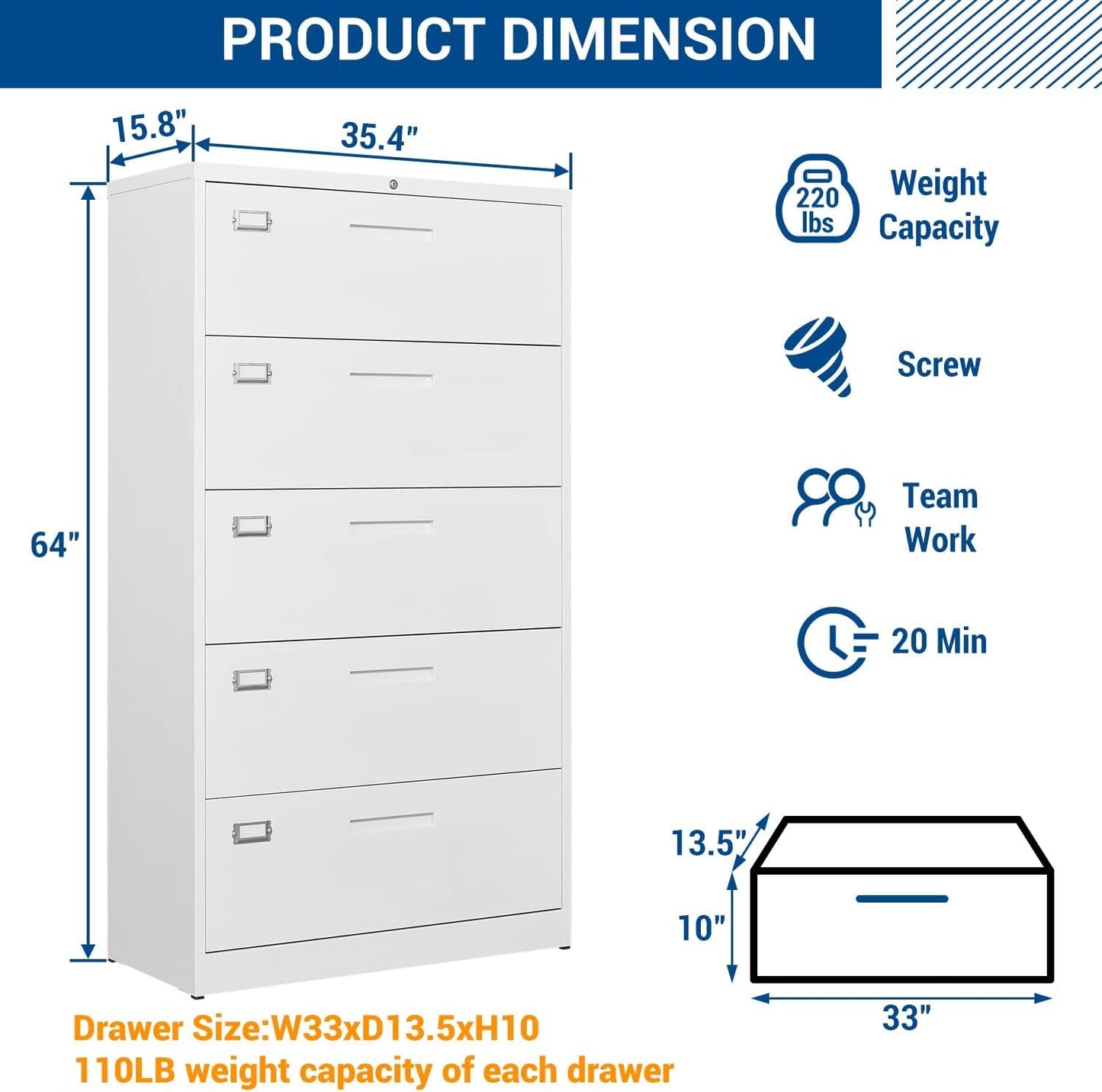 Lateral File Cabinet White 5 Drawer Lockable Office Storage
