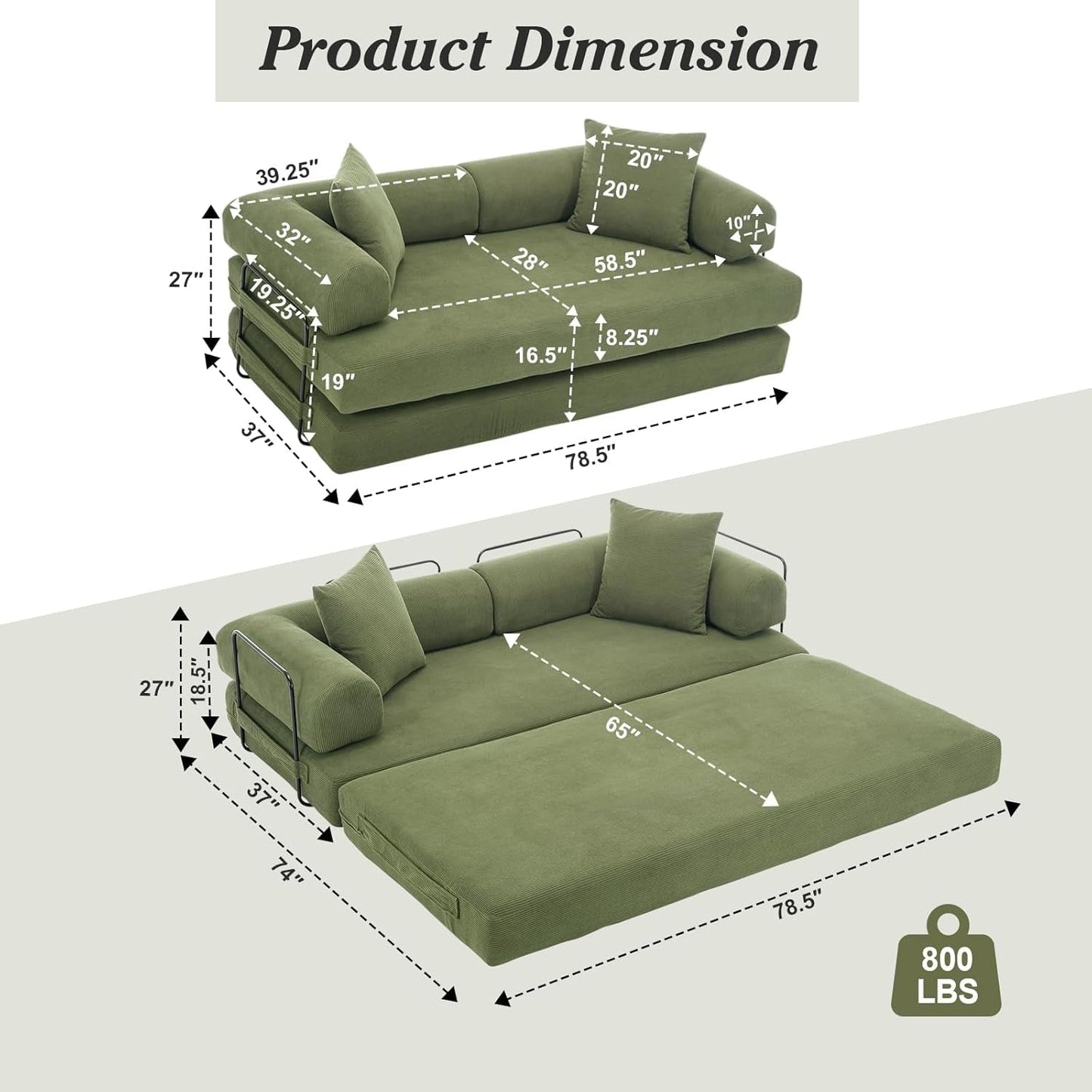 78.5 Inch Convertible Folding Sofa Bed with Versatility