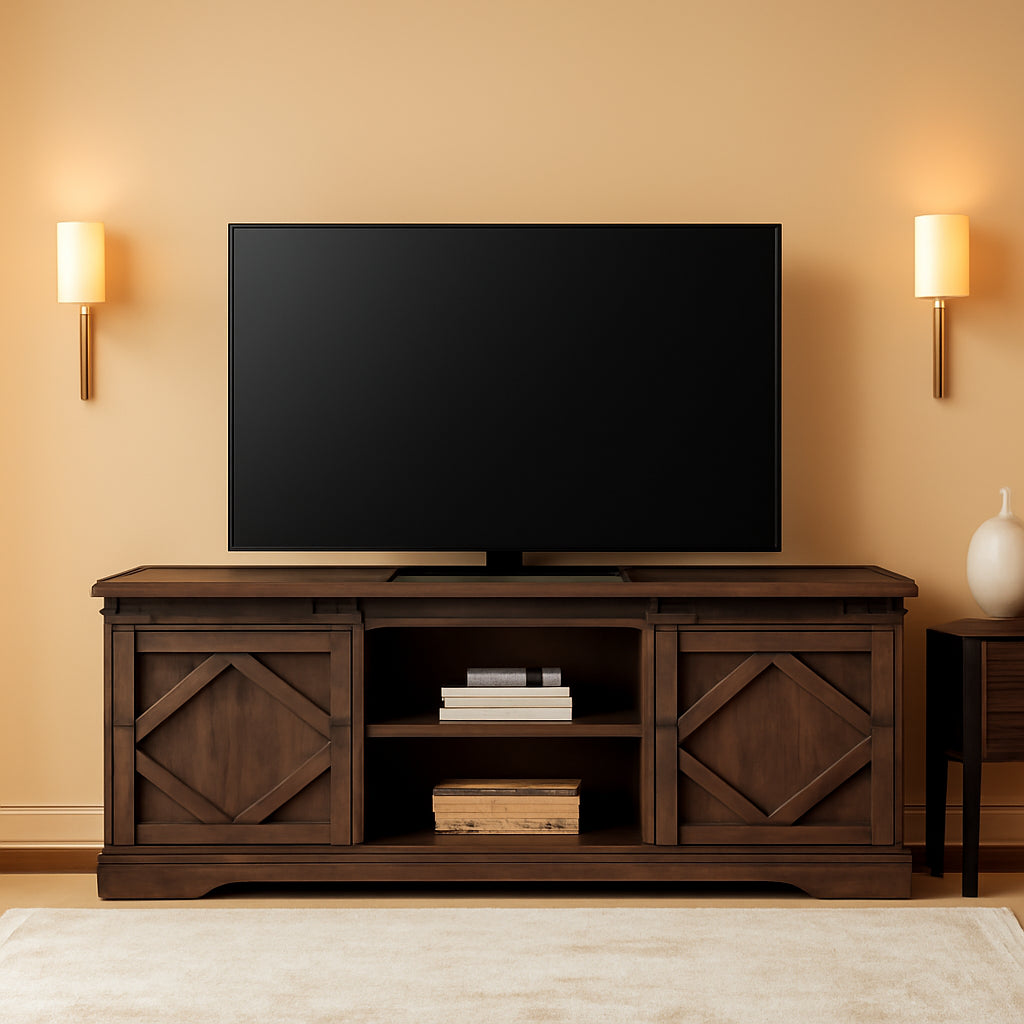 75 Inch Rustic Brown Barn Door TV Stand With Storage