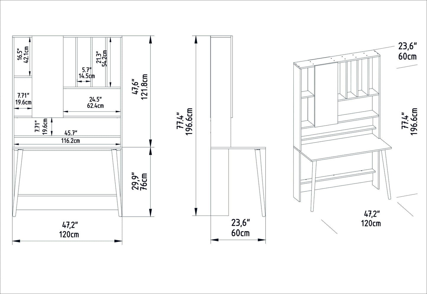 Wood 77" Tall Multifunctional Computer Credenza Desk with A Cabinet & Shelves