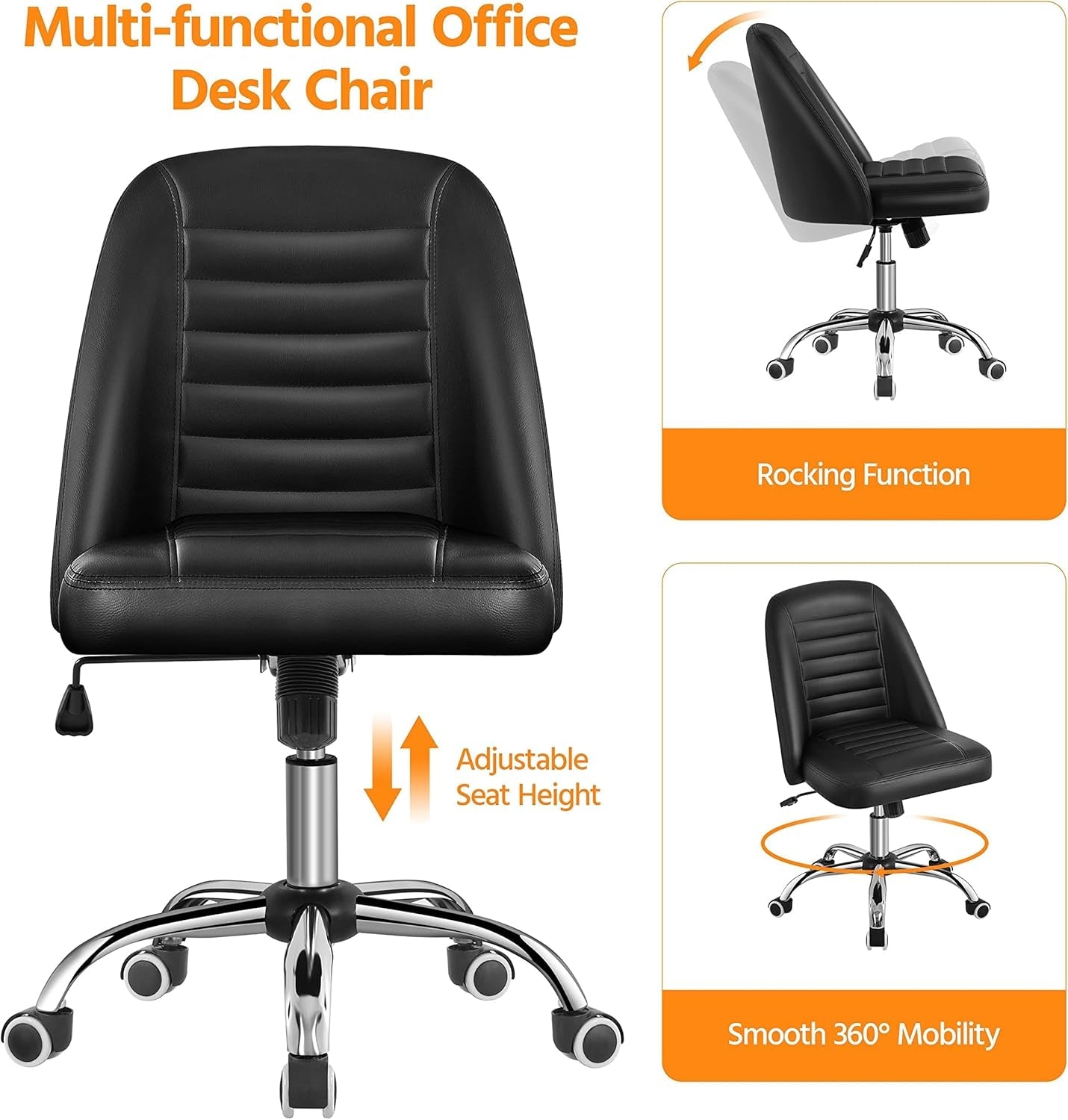 Armless PU Leather Office Chair Adjustable Height Black