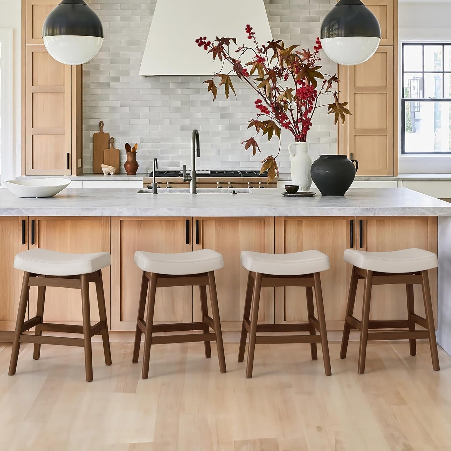 Bar Stools Set Of 2, 24 Inch Antique White Leather
