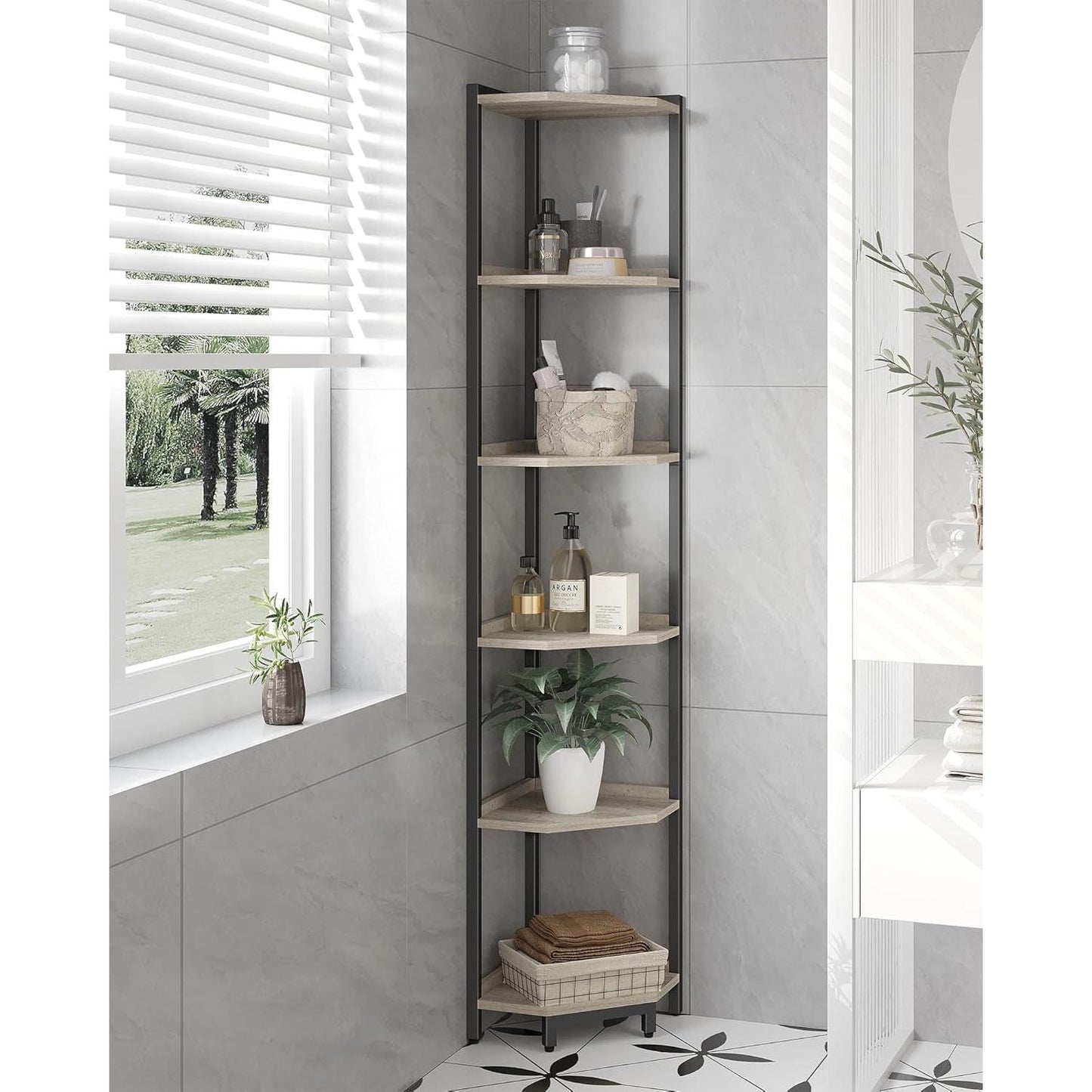 6-Tier Greige Corner Shelf Stand For Living Room And Office