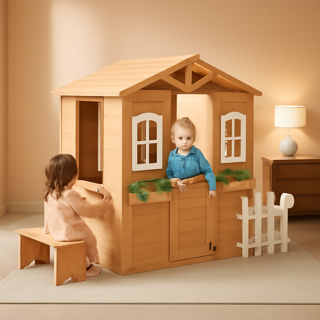 Kids Outdoor Wood Playhouse With Working Door And Windows