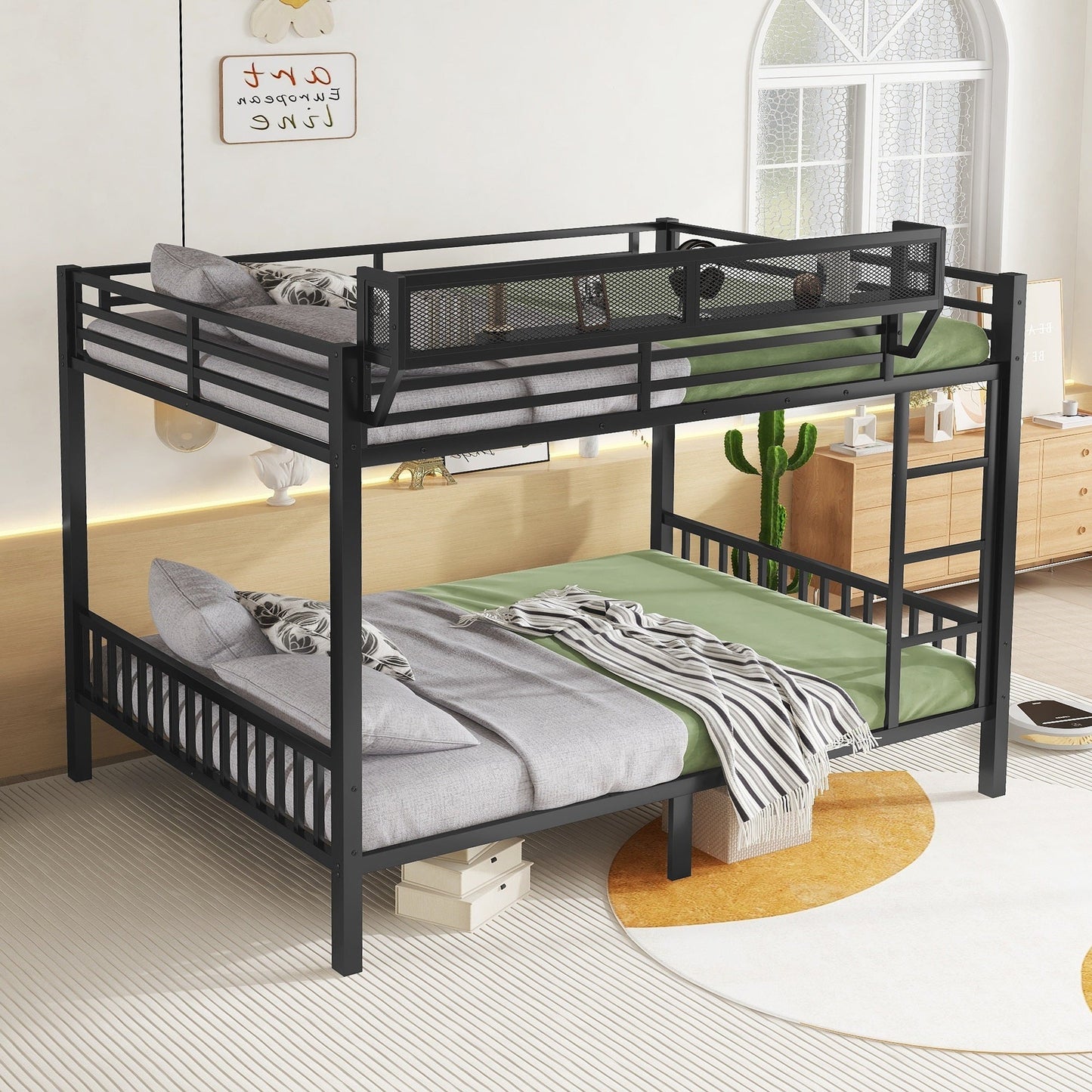 Queen Over Queen Metal Bunk Bed with Ladder and Storage Shelf