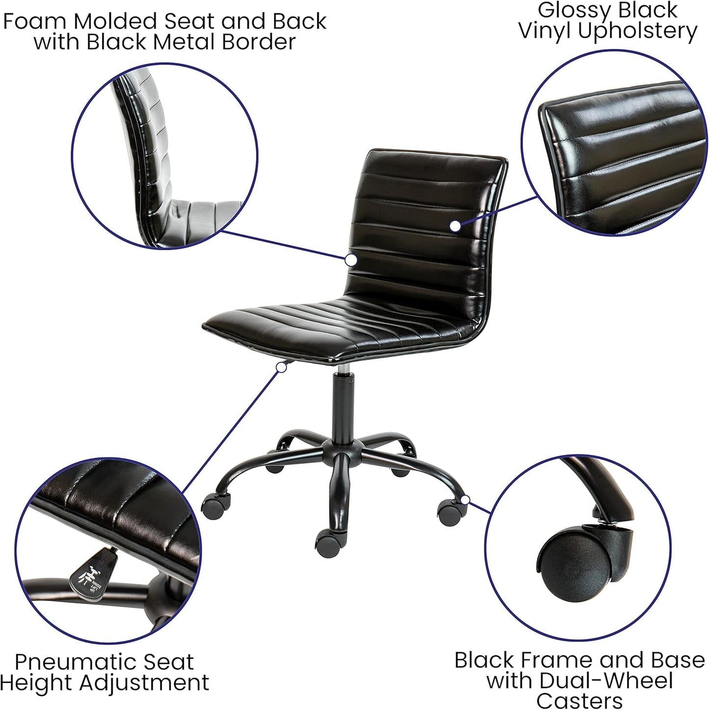 Alan Armless Office Task Chair Black Ribbed Back Modern