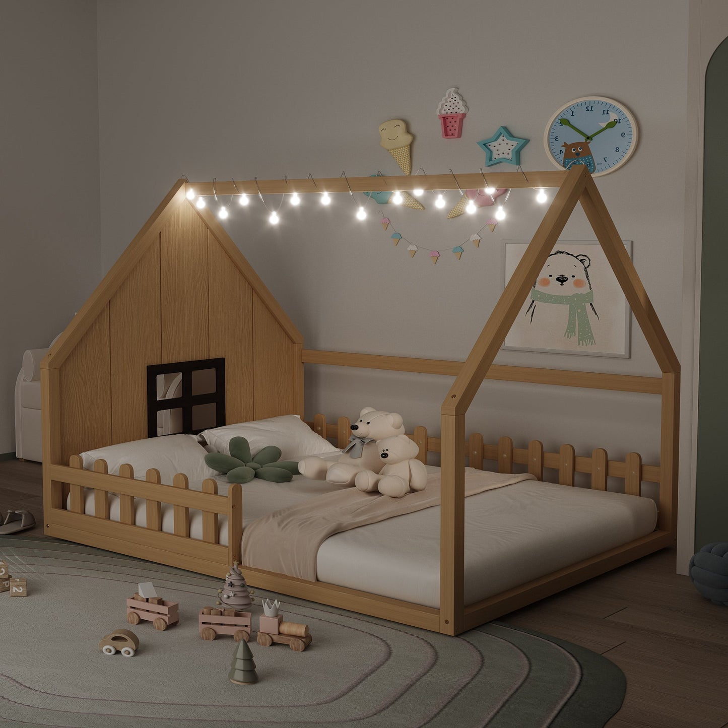 Full Size Wood House Bed with Window and Fence