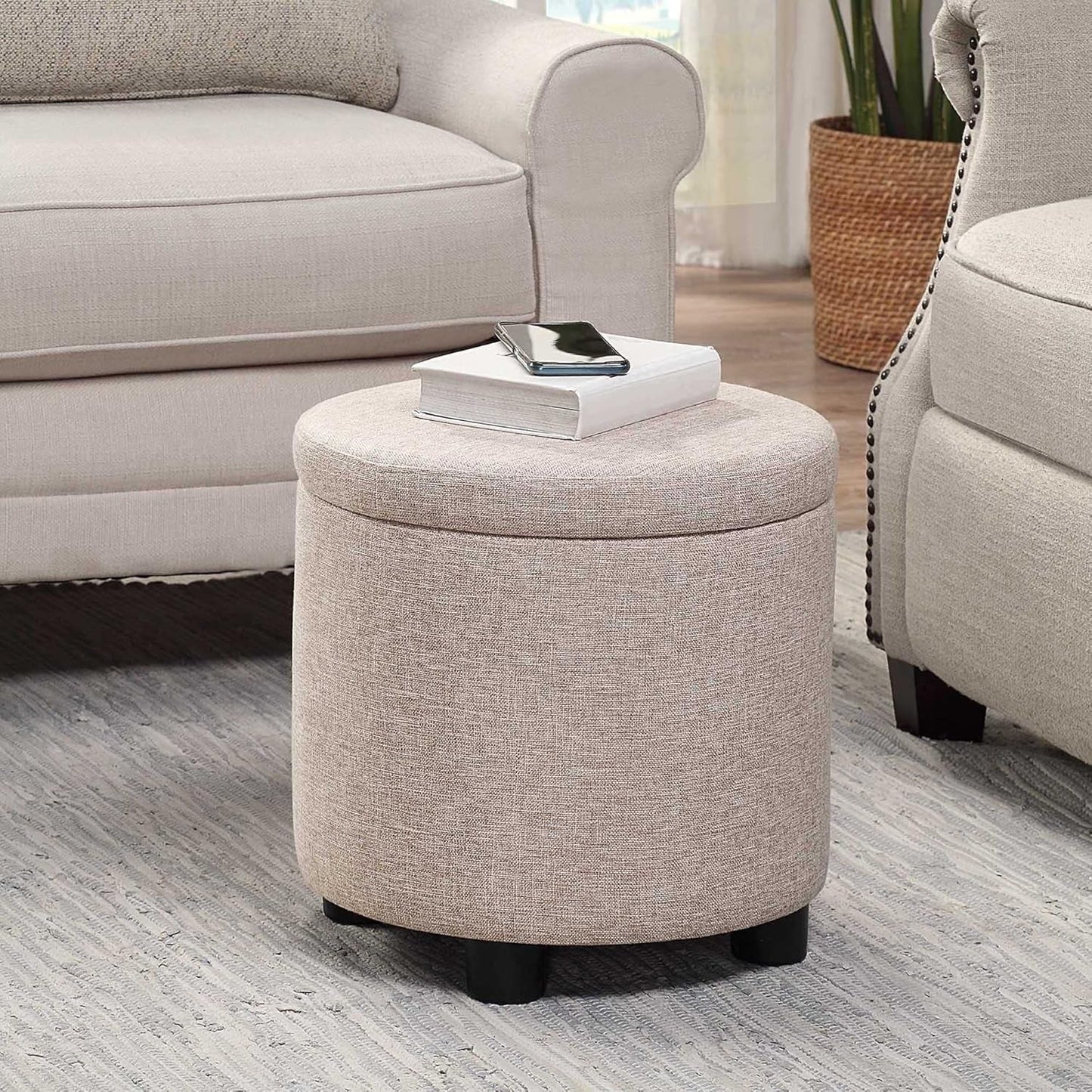 Round Storage Ottoman Upholstered Removable Tray Lid