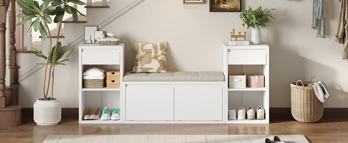TREXM All-in-One Entryway Storage Bench with Cushion, Compartments & Drawers