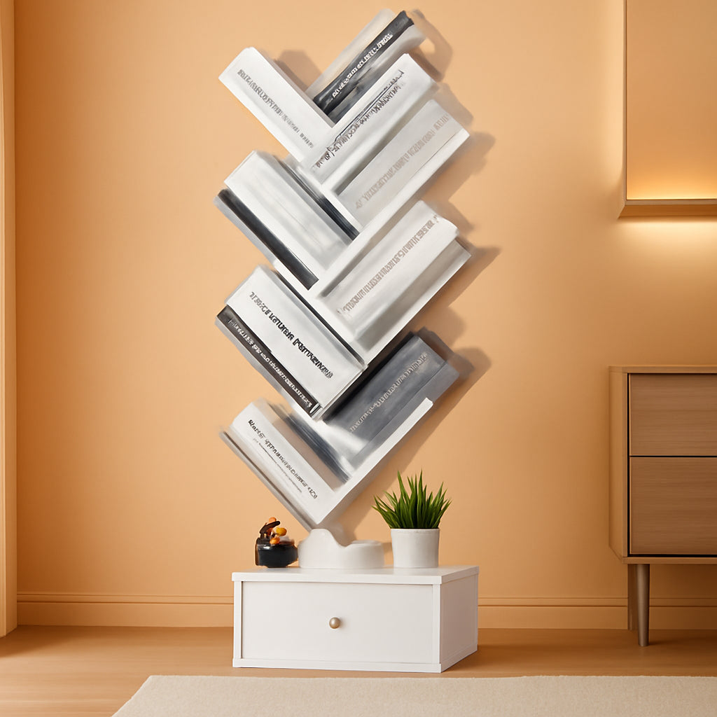 8 Tier Tree Bookshelf With Drawer White Wood Space Saving
