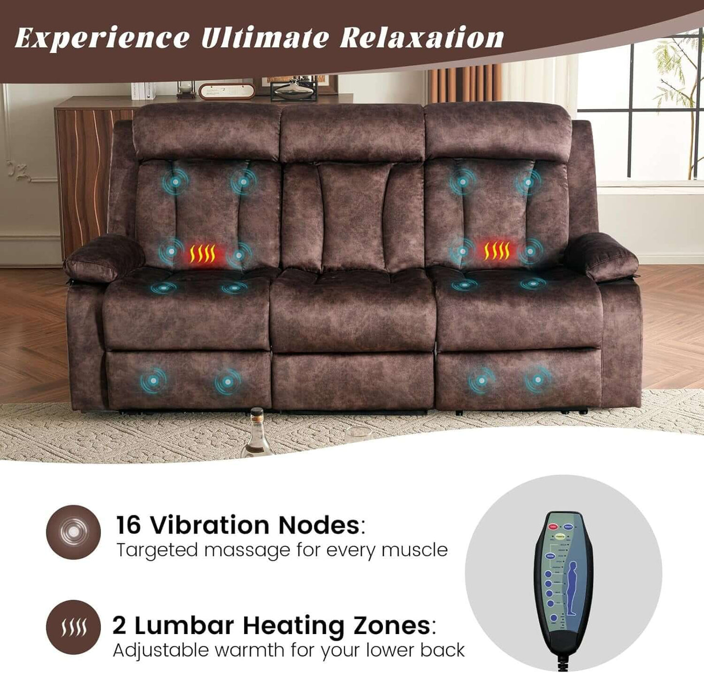 Power Reclining Sofa Set 3 Seat With Massage USB Ports showing 16 vibration nodes and 2 lumbar heating zones for relaxation.
