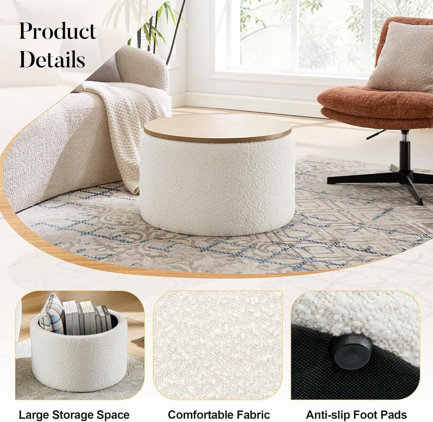Circular Storage Ottoman With Wooden Lid Upholstered