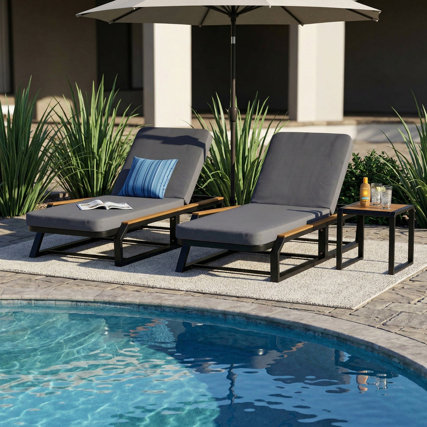 5-Piece Outdoor Chaise Lounge Set, 2 Adjustable Recliners with Side Table