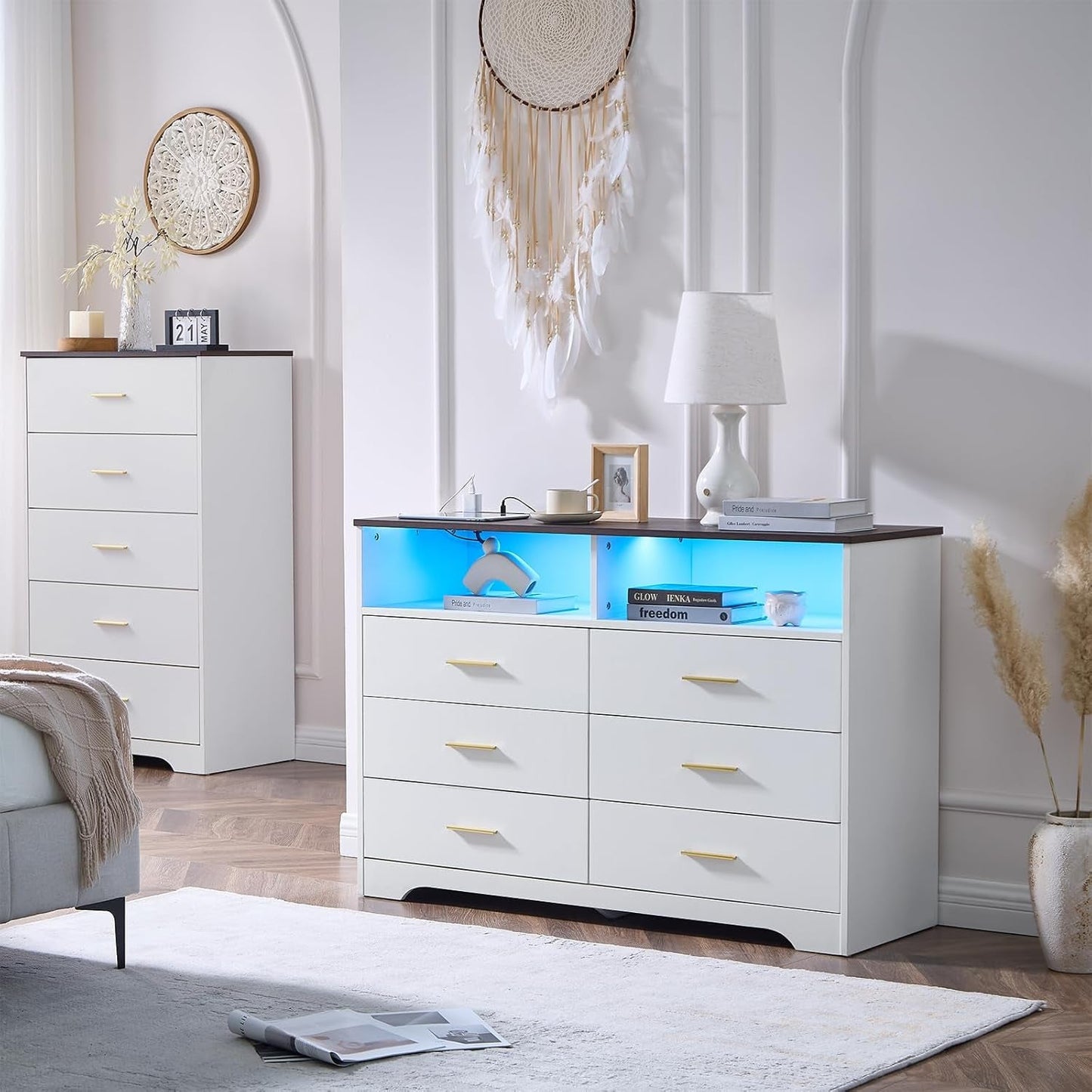 White Wooden Dresser With USB Charge Station For Bedroom