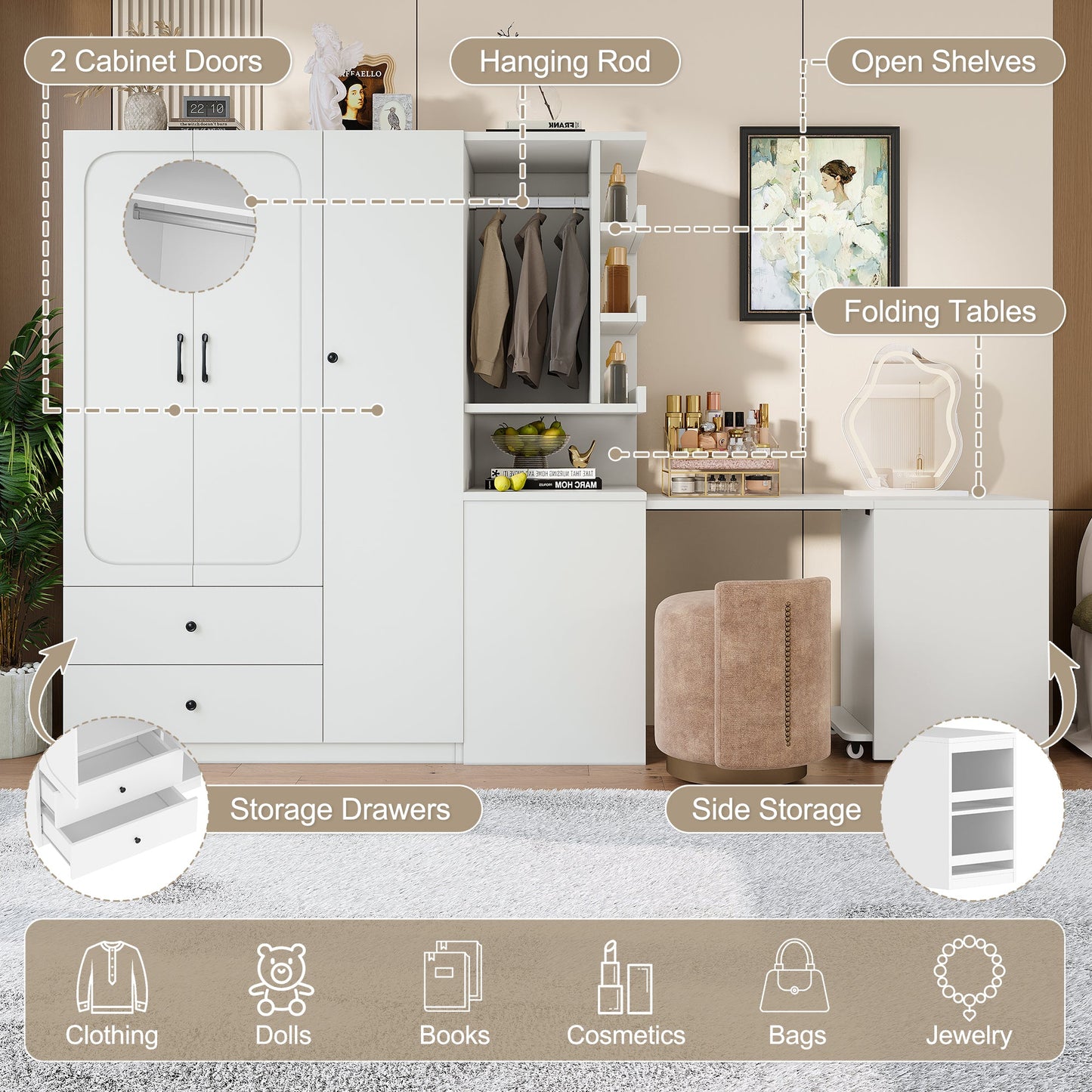 Multifunctional Wardrobe with 2 Doors and Convertible Desk