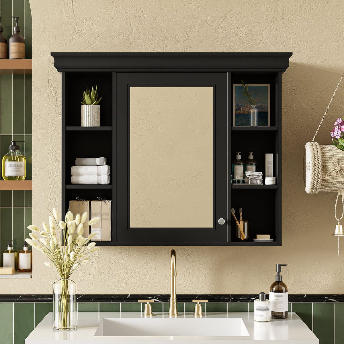 35'' x 28'' Black Wall Mounted Bathroom Storage Cabinet with Mirror Door