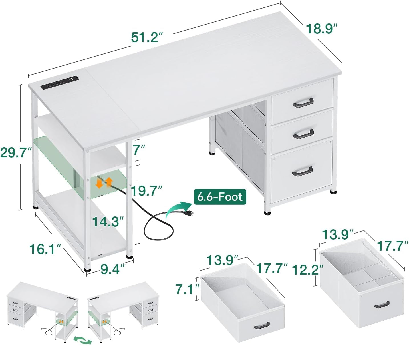 51 Inch Computer Desk With USB Outlets For Home Office