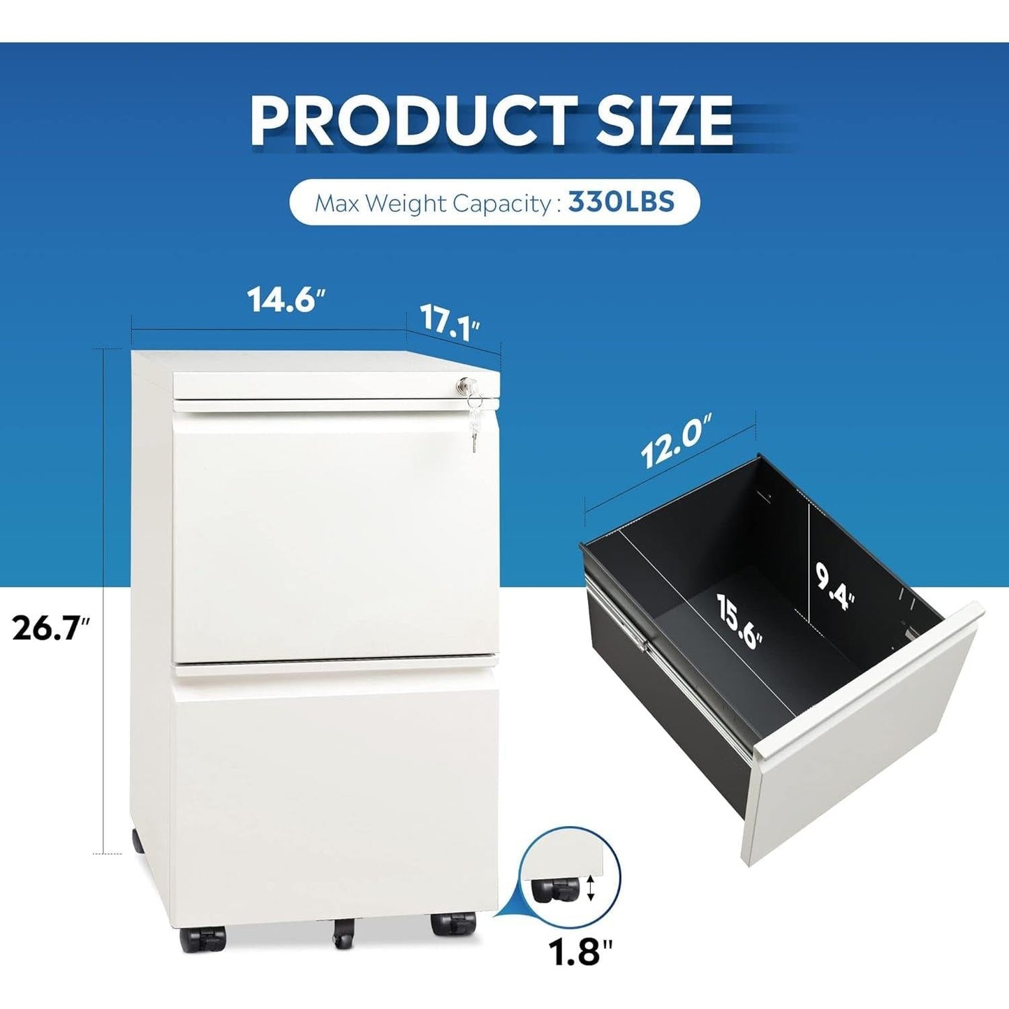 White Metal Mobile Filing Cabinet With Lock And Drawers